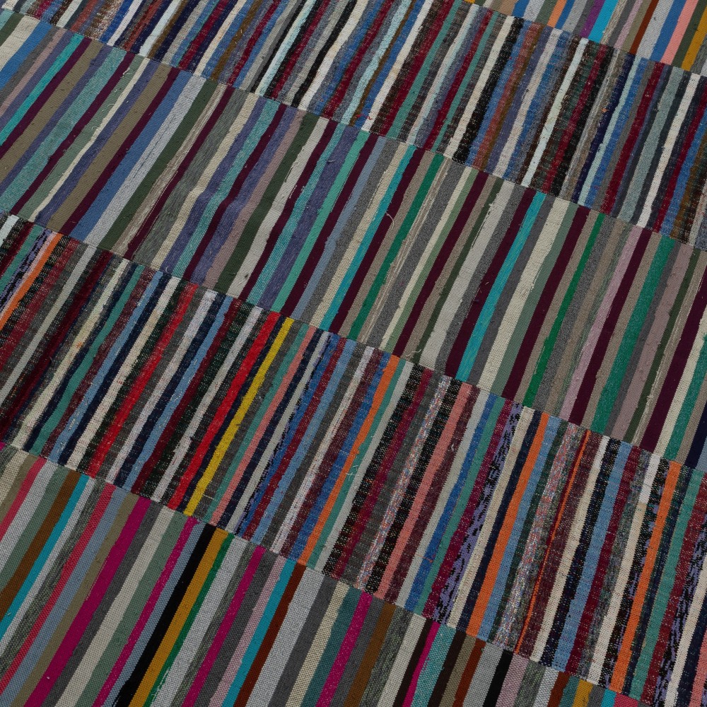 Vintage Banded Cotton Kilim. Adjustable Flat-Weave Rag Rug. Colorful Oversize Carpet