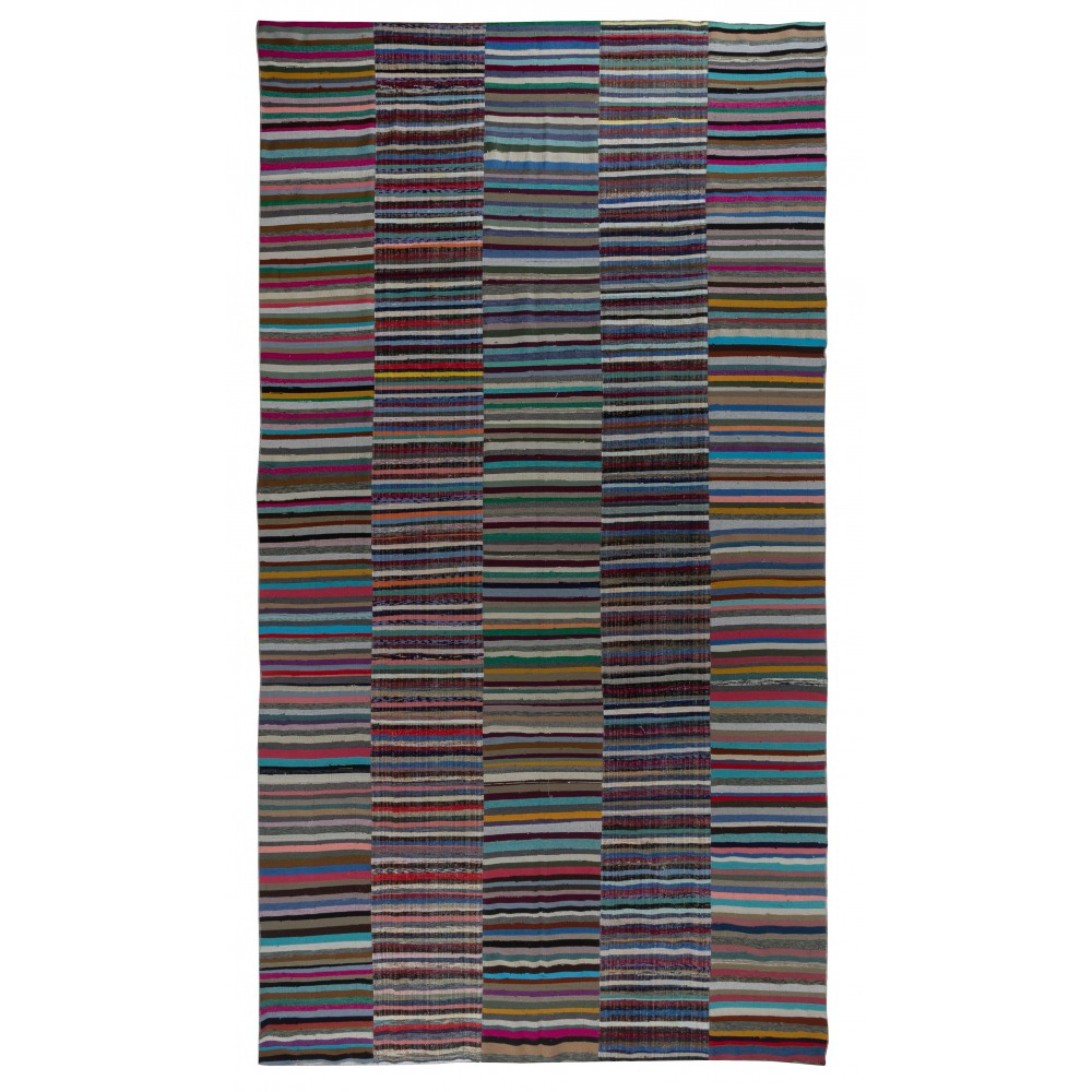 Vintage Banded Cotton Kilim. Adjustable Flat-Weave Rag Rug. Colorful Oversize Carpet