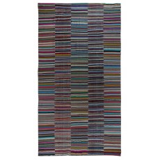 Vintage Banded Cotton Kilim. Adjustable Flat-Weave Rag Rug. Colorful Oversize Carpet