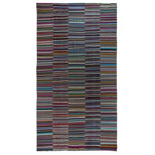 Vintage Banded Cotton Kilim. Adjustable Flat-Weave Rag Rug. Colorful Oversize Carpet