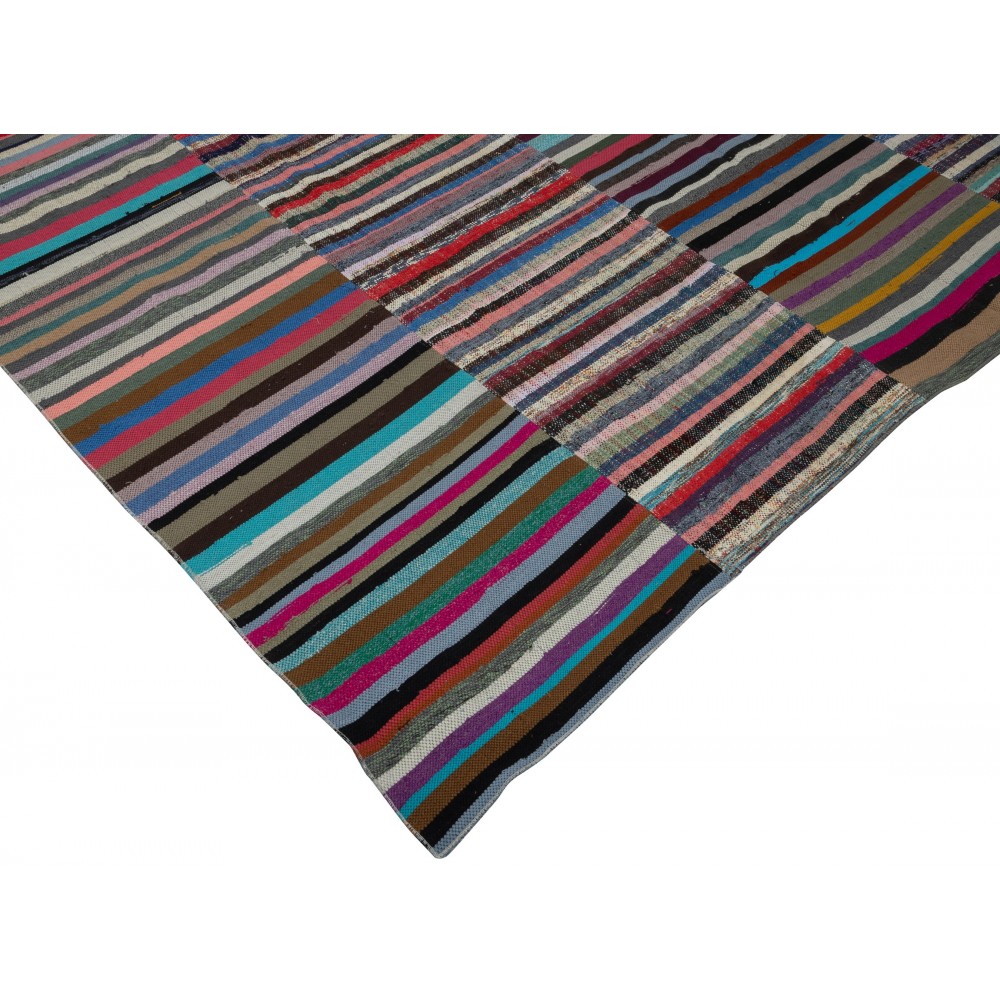 Vintage Banded Cotton Kilim. Adjustable Flat-Weave Rag Rug. Colorful Oversize Carpet
