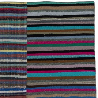 Vintage Banded Cotton Kilim. Adjustable Flat-Weave Rag Rug. Colorful Oversize Carpet