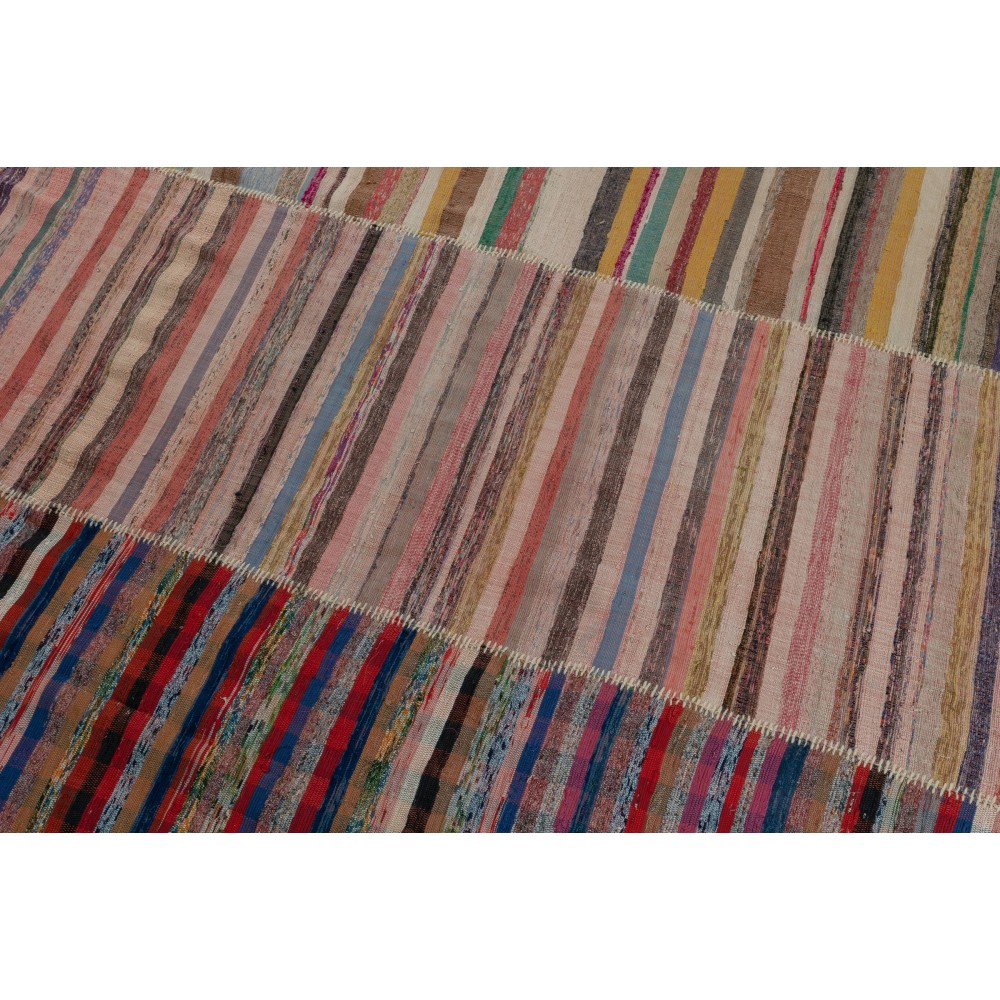 Handmade Turkish Kilim. Vintage Cotton Rag Rug. Multicolored Stripe Pattern Carpet