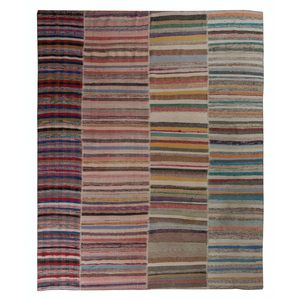 Handmade Turkish Kilim. Vintage Cotton Rag Rug. Multicolored Stripe Pattern Carpet