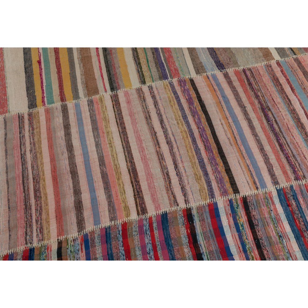 Handmade Turkish Kilim. Vintage Cotton Rag Rug. Multicolored Stripe Pattern Carpet