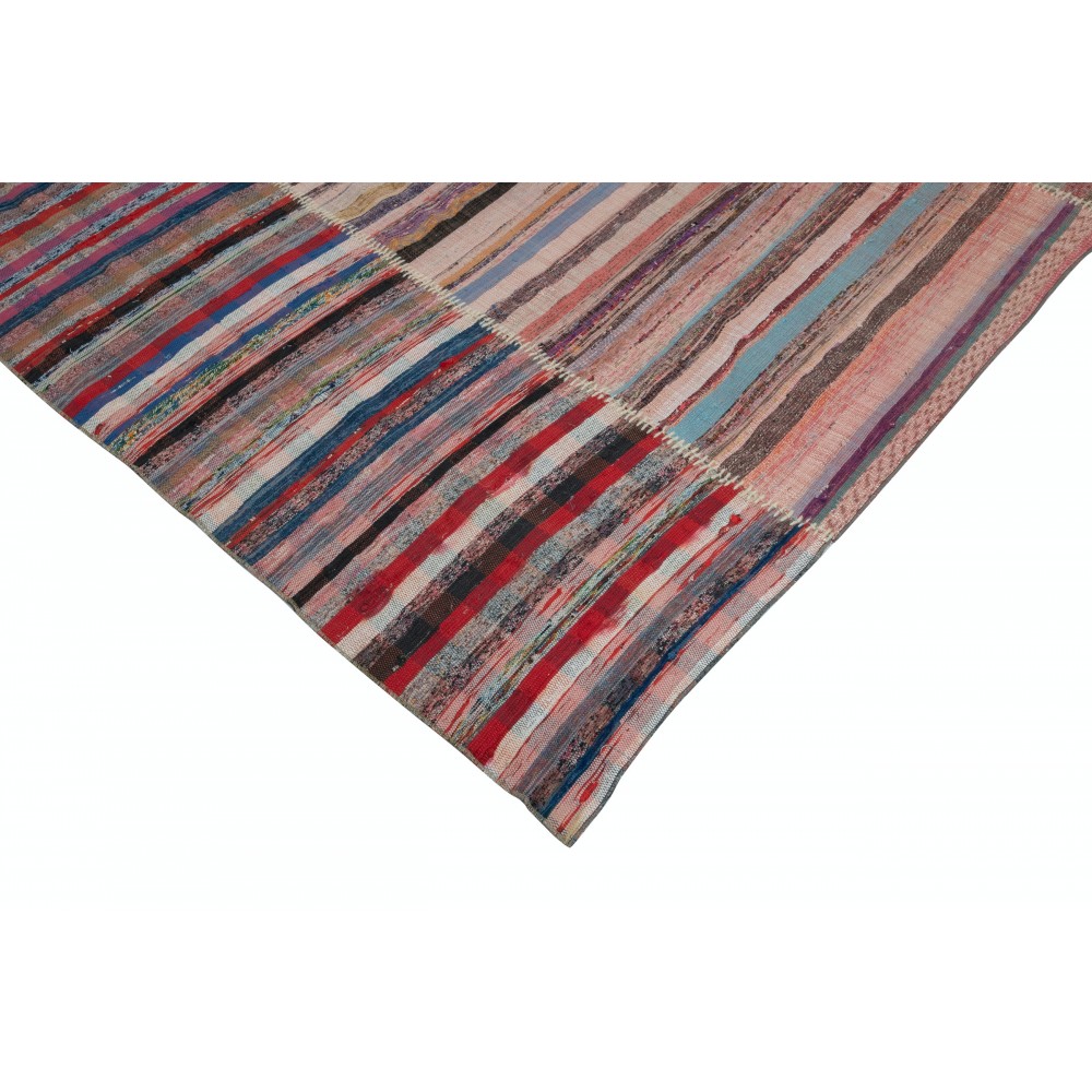 Handmade Turkish Kilim. Vintage Cotton Rag Rug. Multicolored Stripe Pattern Carpet