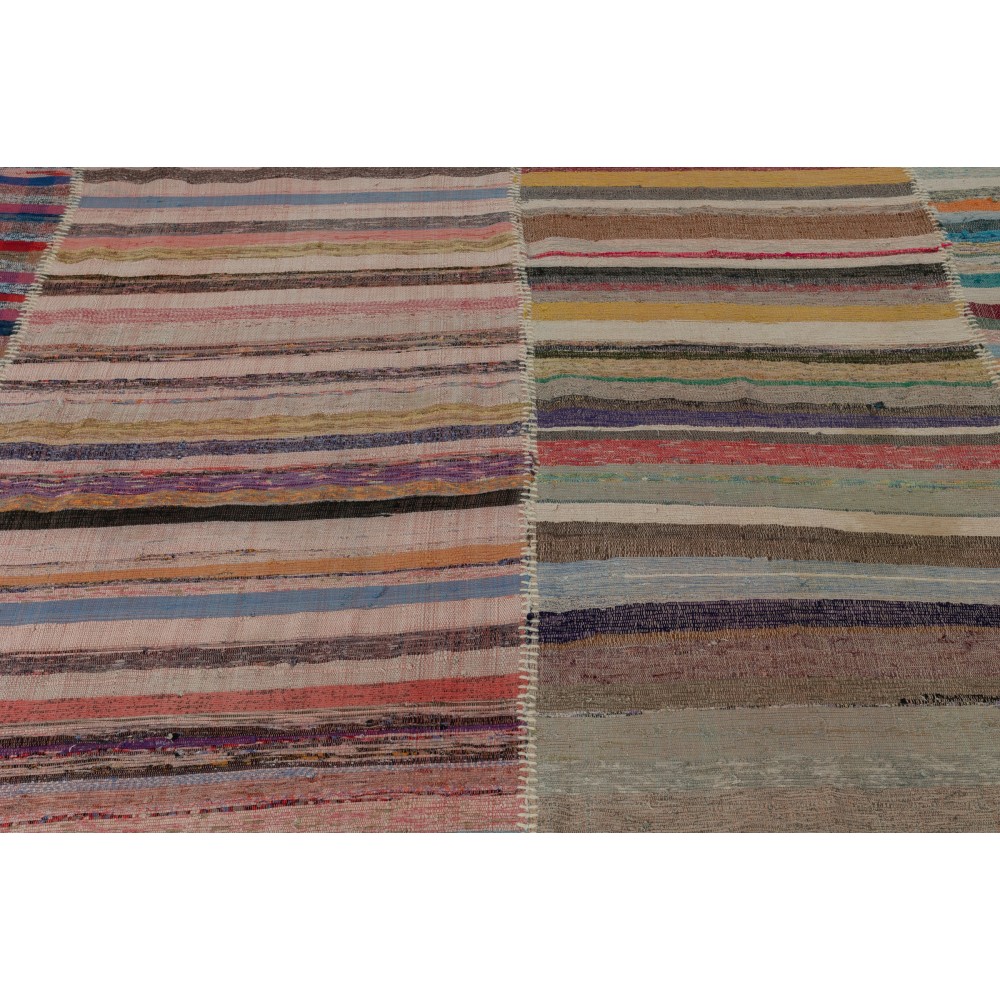 Handmade Turkish Kilim. Vintage Cotton Rag Rug. Multicolored Stripe Pattern Carpet
