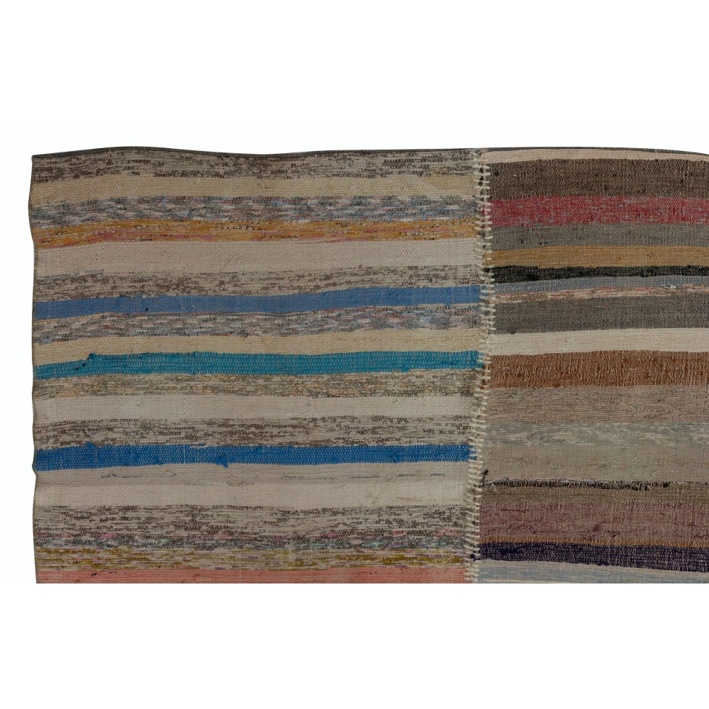 Handmade Turkish Kilim. Vintage Cotton Rag Rug. Multicolored Stripe Pattern Carpet