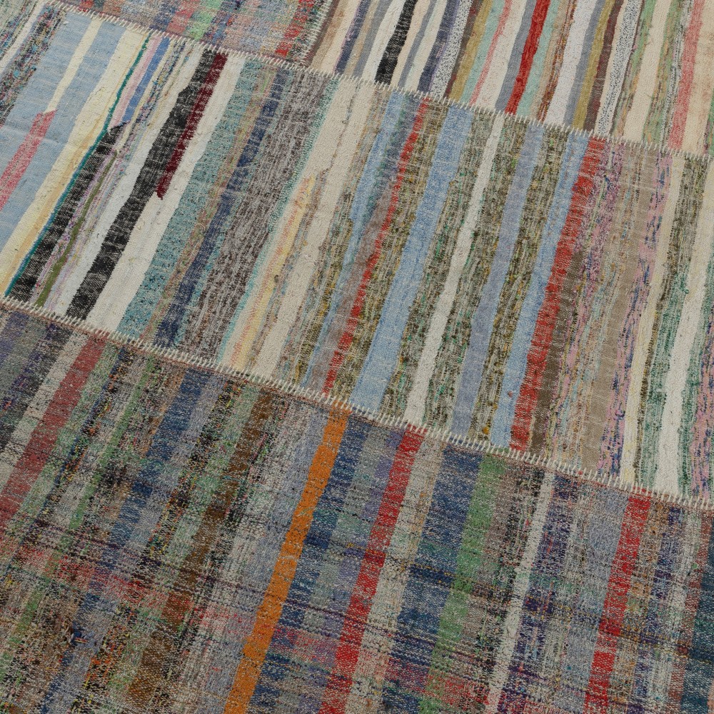 Multicolored Striped Kilim. Handwoven Cotton Turkish Rag Rug. Vintage Oversize Carpet. Adjustable Size