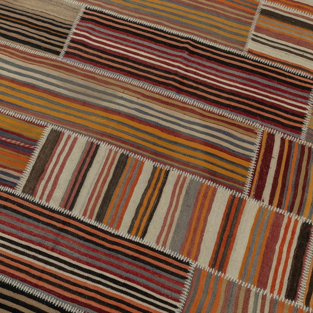 Handmade Vintage Turkish Kilim Patchwork Rug, Striped Wool Carpet Handmade Vintage Turkish Kilim Patchwork Rug, Striped Wool Carpet