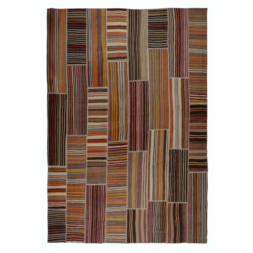 Handmade Vintage Turkish Kilim Patchwork Rug, Striped Wool Carpet Handmade Vintage Turkish Kilim Patchwork Rug, Striped Wool Carpet