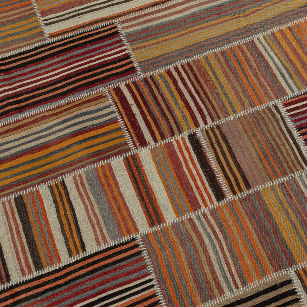 Handmade Vintage Turkish Kilim Patchwork Rug, Striped Wool Carpet Handmade Vintage Turkish Kilim Patchwork Rug, Striped Wool Carpet