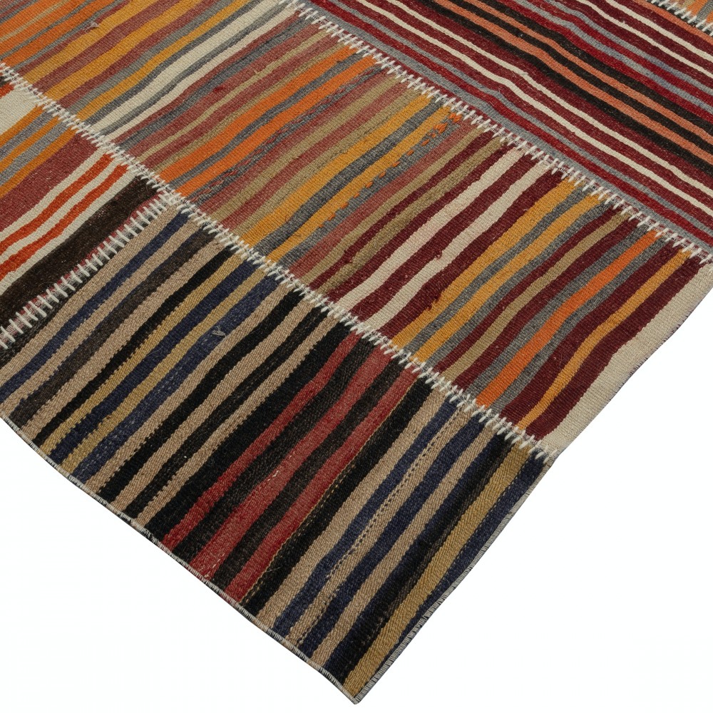 Handmade Vintage Turkish Kilim Patchwork Rug, Striped Wool Carpet Handmade Vintage Turkish Kilim Patchwork Rug, Striped Wool Carpet