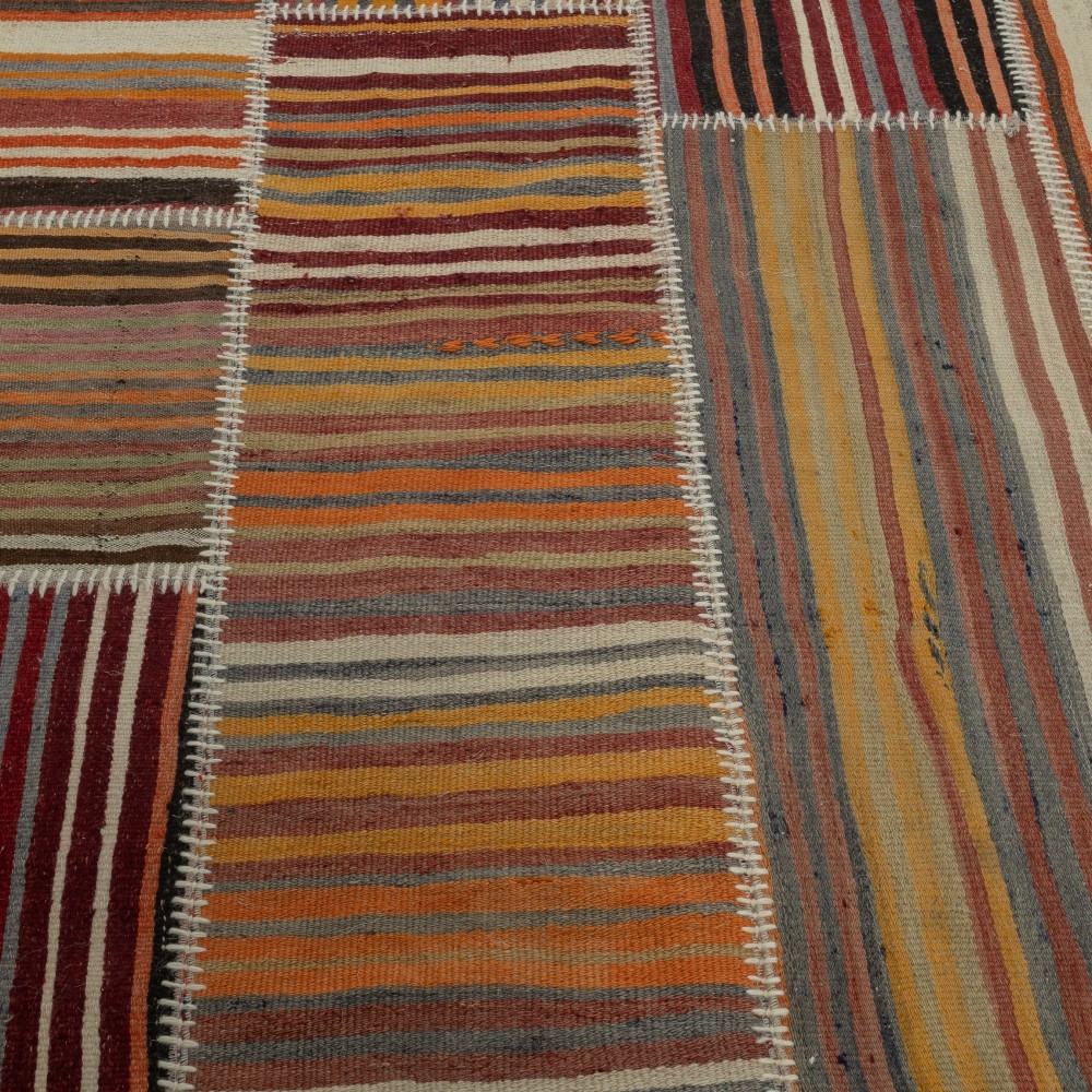 Handmade Vintage Turkish Kilim Patchwork Rug, Striped Wool Carpet Handmade Vintage Turkish Kilim Patchwork Rug, Striped Wool Carpet