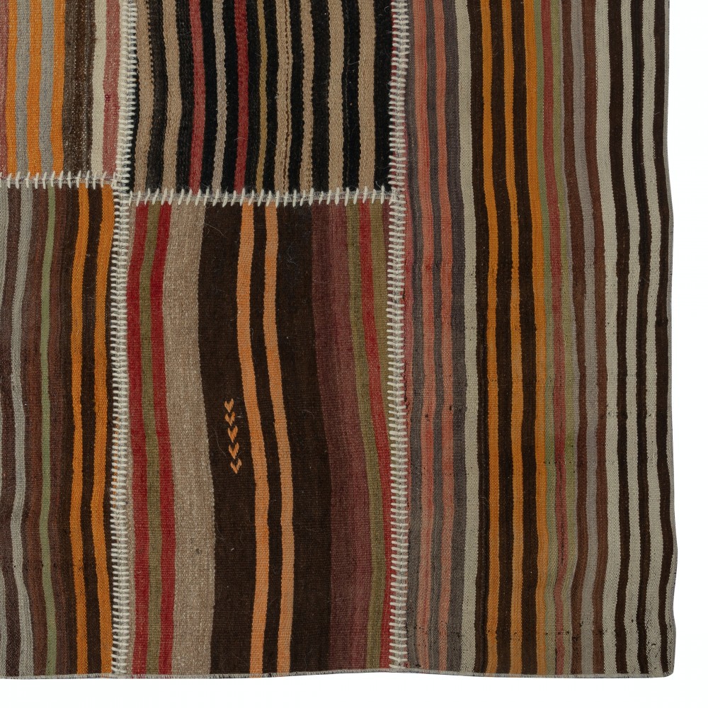 Handmade Vintage Turkish Kilim Patchwork Rug, Striped Wool Carpet Handmade Vintage Turkish Kilim Patchwork Rug, Striped Wool Carpet