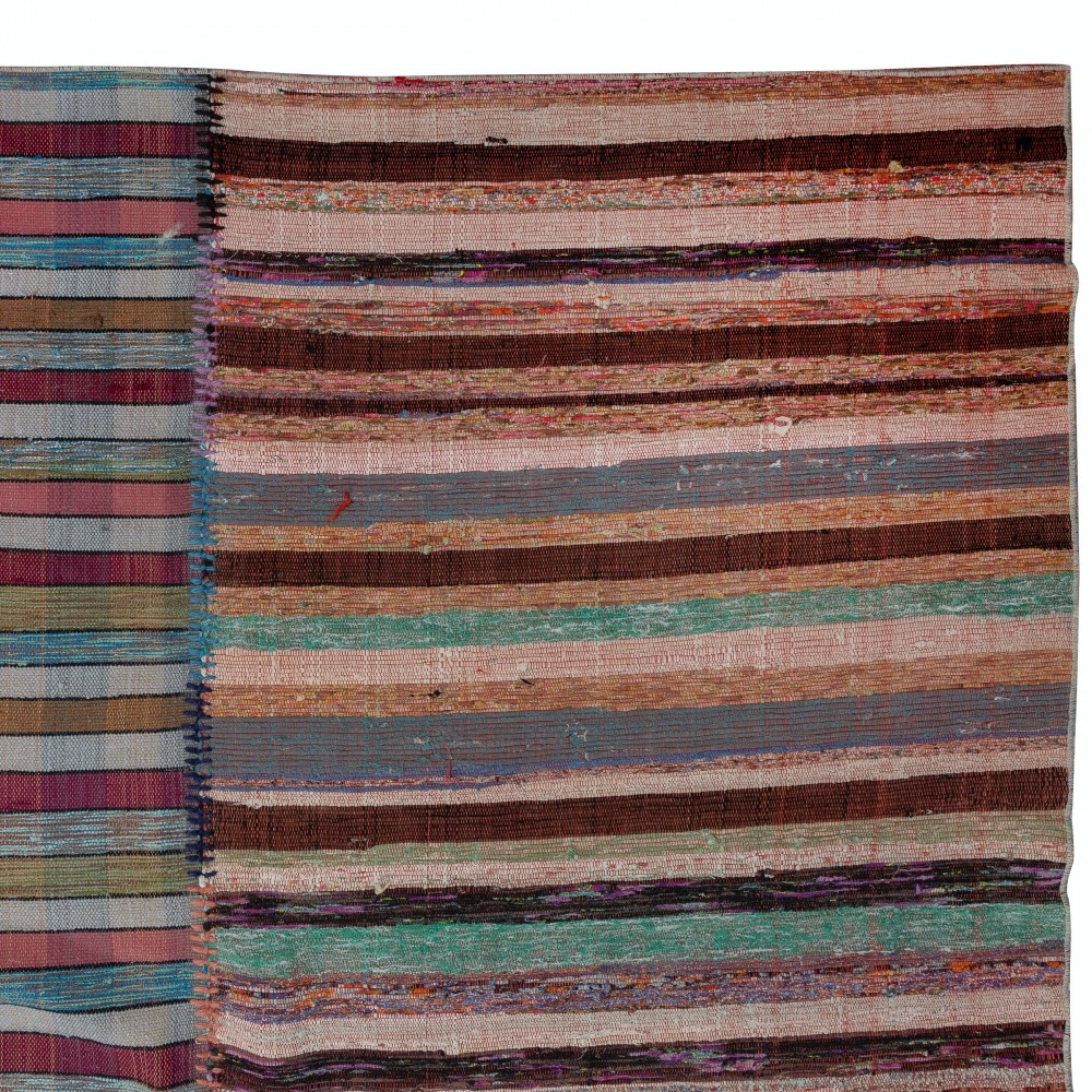 Adjustable Oversize Rag Rug. Vintage Handmade Turkish Cotton Kilim. Colorful Stripes Carpet