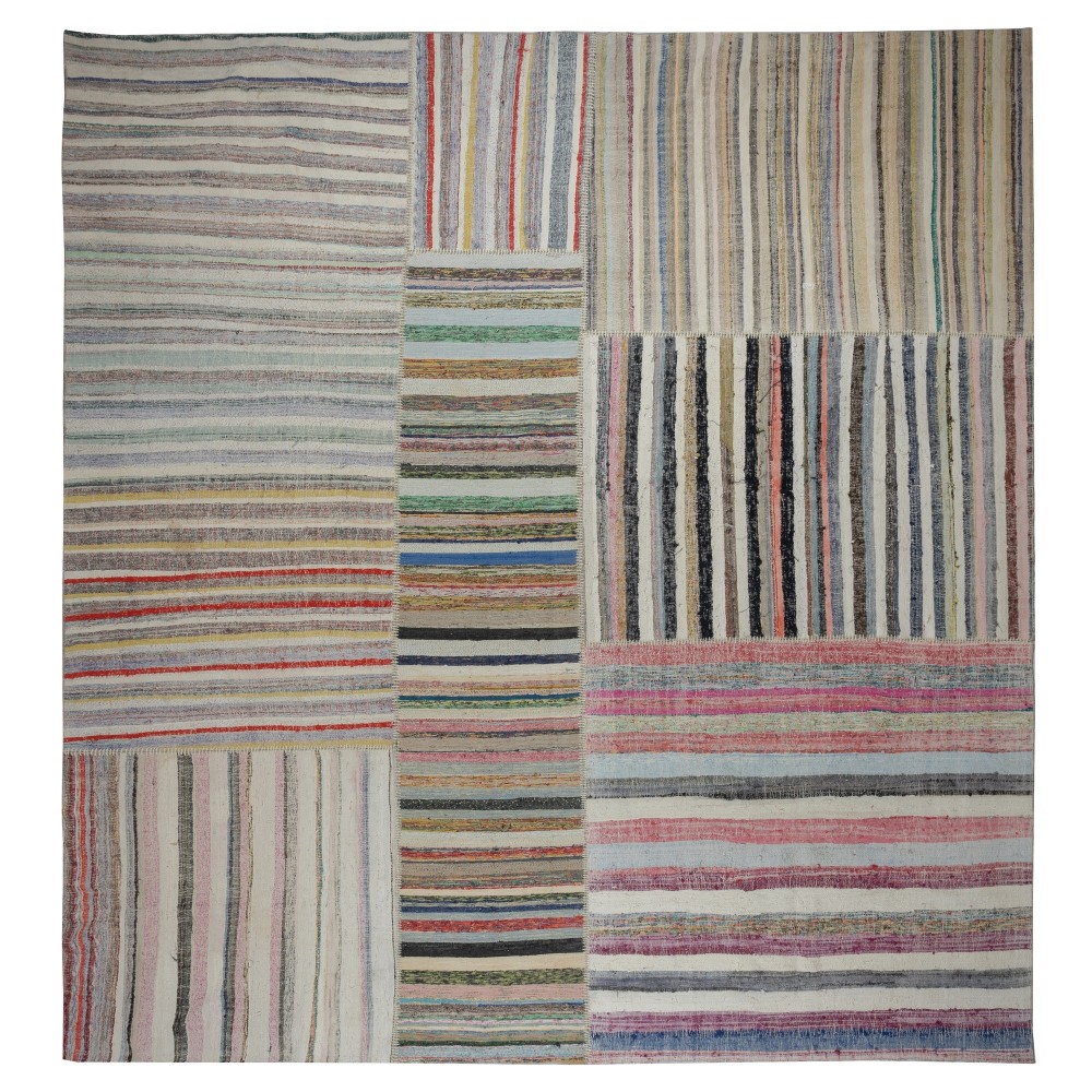 Adjustable Vintage Banded Cotton Kilim. Flat-Weave Rag Rug. Colorful Large Carpet Adjustable Vintage Banded Cotton Kilim. Flat-Weave Rag Rug. Colorful Large Carpet