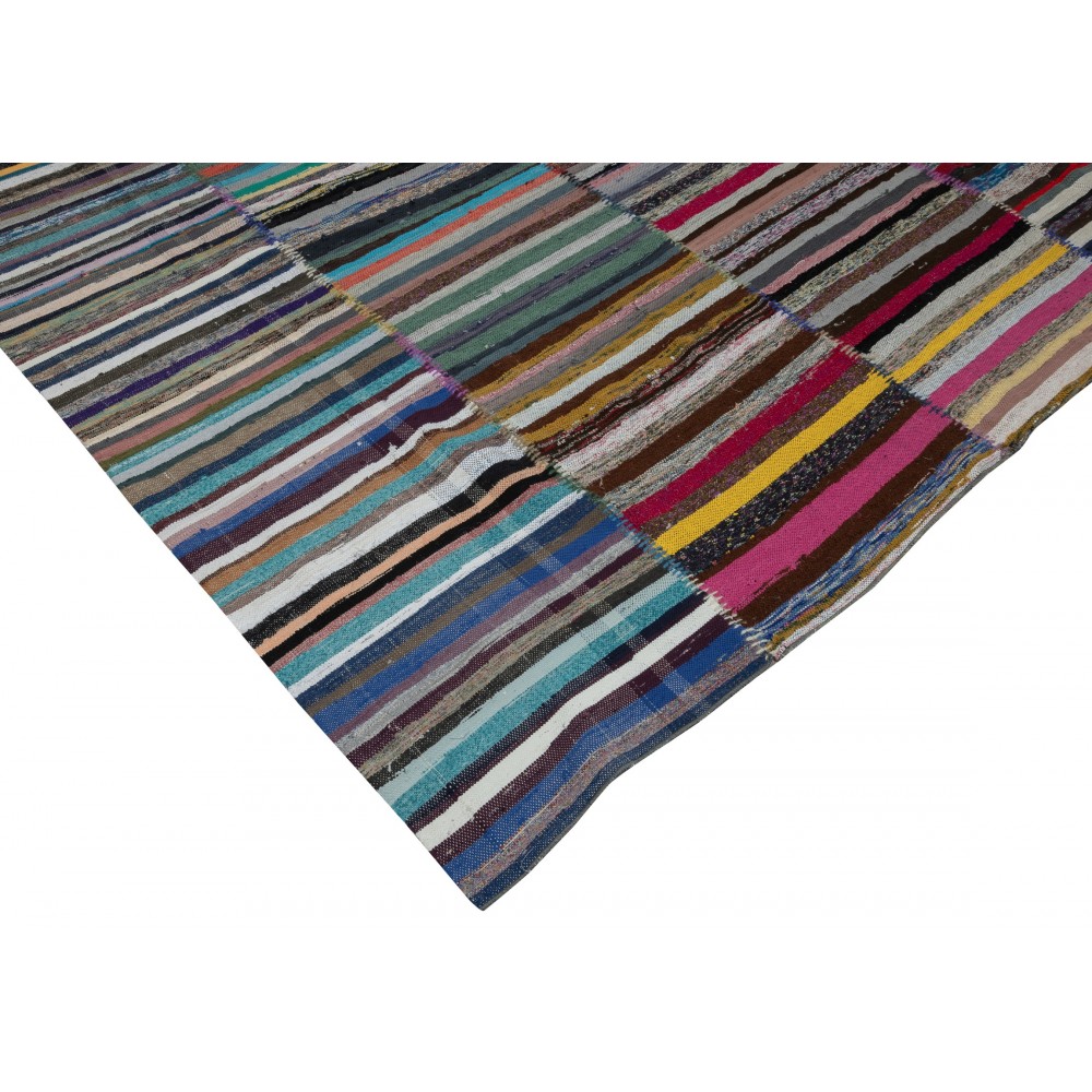 Colorful Oversize Carpet. Vintage Turkish Handwoven Cotton Rag Rug. Adjustable Size