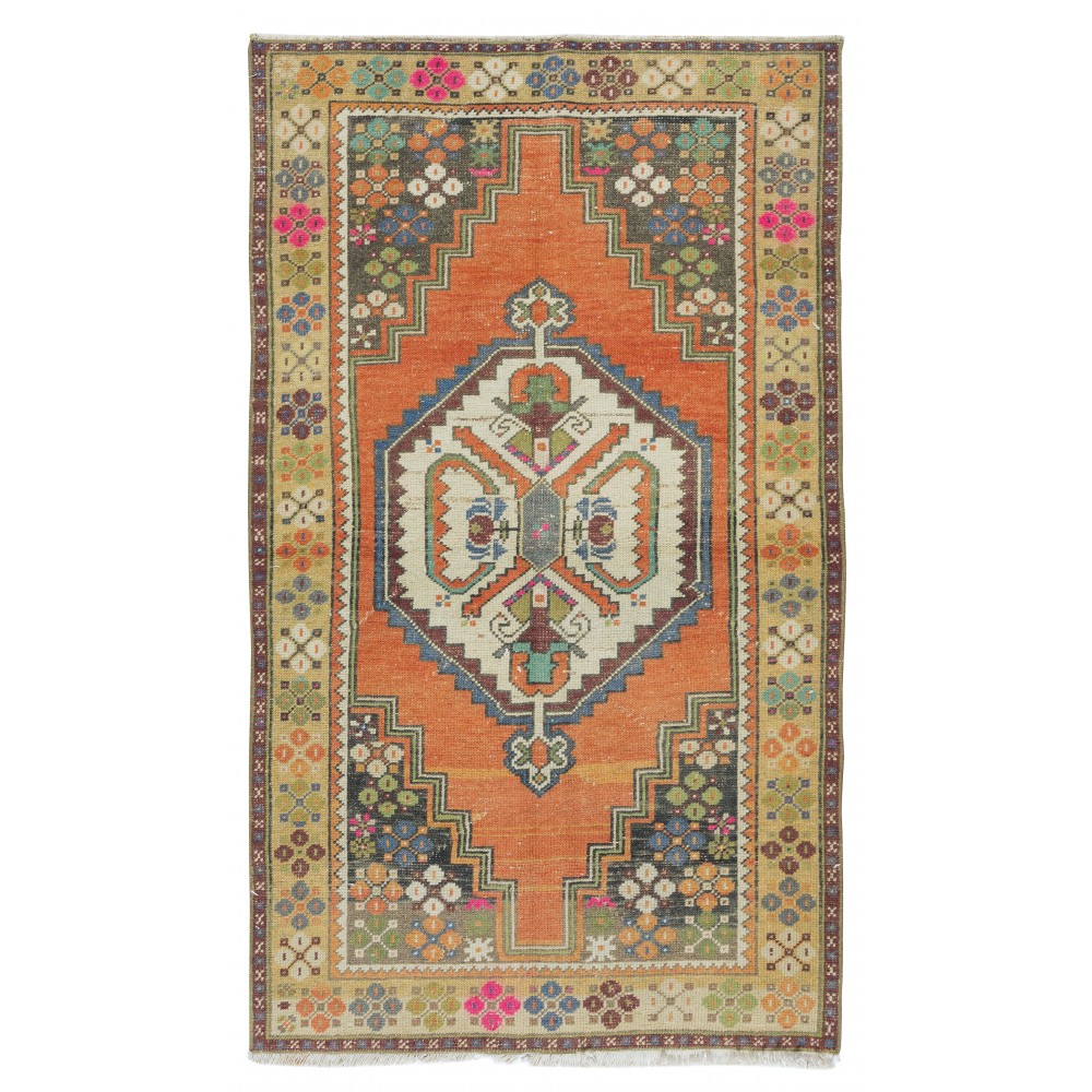 Hand Knotted Turkish Oriental Style Rug, Vintage Carpet Made of Wool
