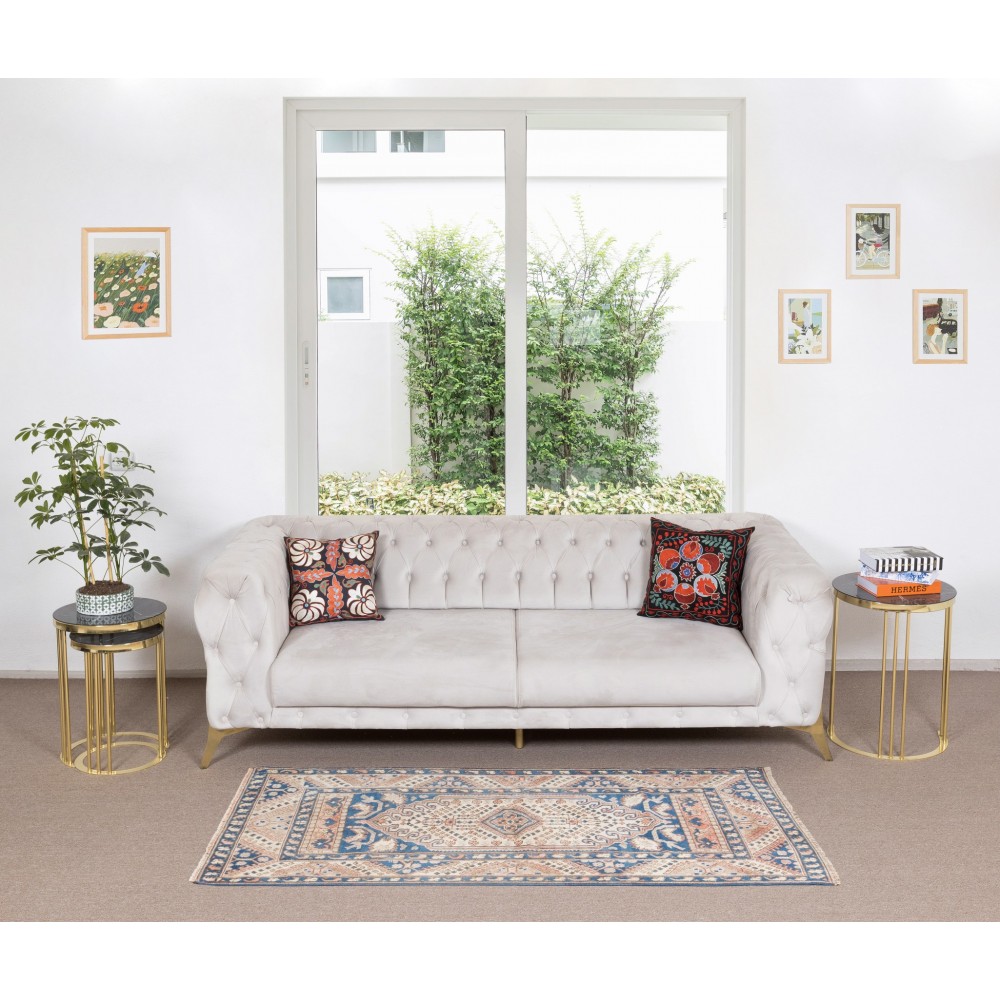 Traditional Geometric Pattern Turkish Wool Accent Rug, Vintage Handmade Cotton Carpet