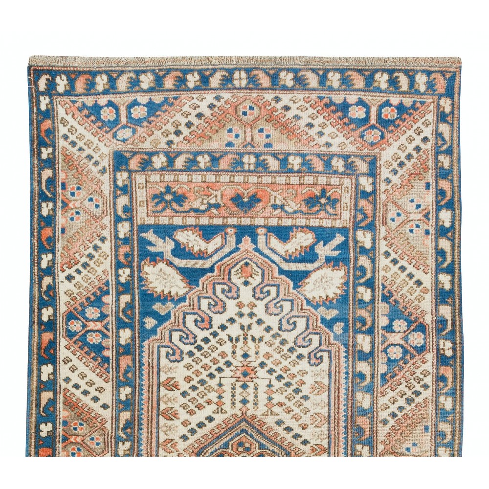 Traditional Geometric Pattern Turkish Wool Accent Rug, Vintage Handmade Cotton Carpet