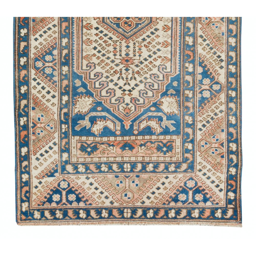 Traditional Geometric Pattern Turkish Wool Accent Rug, Vintage Handmade Cotton Carpet