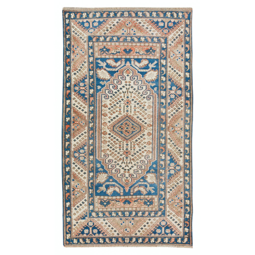 Traditional Geometric Pattern Turkish Wool Accent Rug, Vintage Handmade Cotton Carpet
