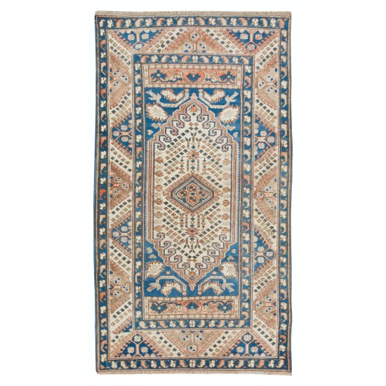 Traditional Geometric Pattern Turkish Wool Accent Rug, Vintage Handmade Cotton Carpet