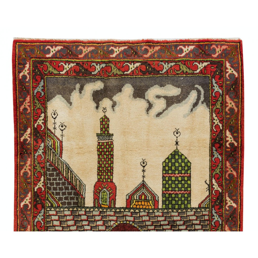 One-of-a-Kind Vintage Handmade Turkish Prayer Rug, Mosque Pattern Accent Rug