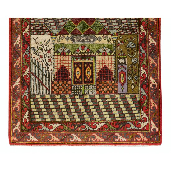 One-of-a-Kind Vintage Handmade Turkish Prayer Rug, Mosque Pattern Accent Rug
