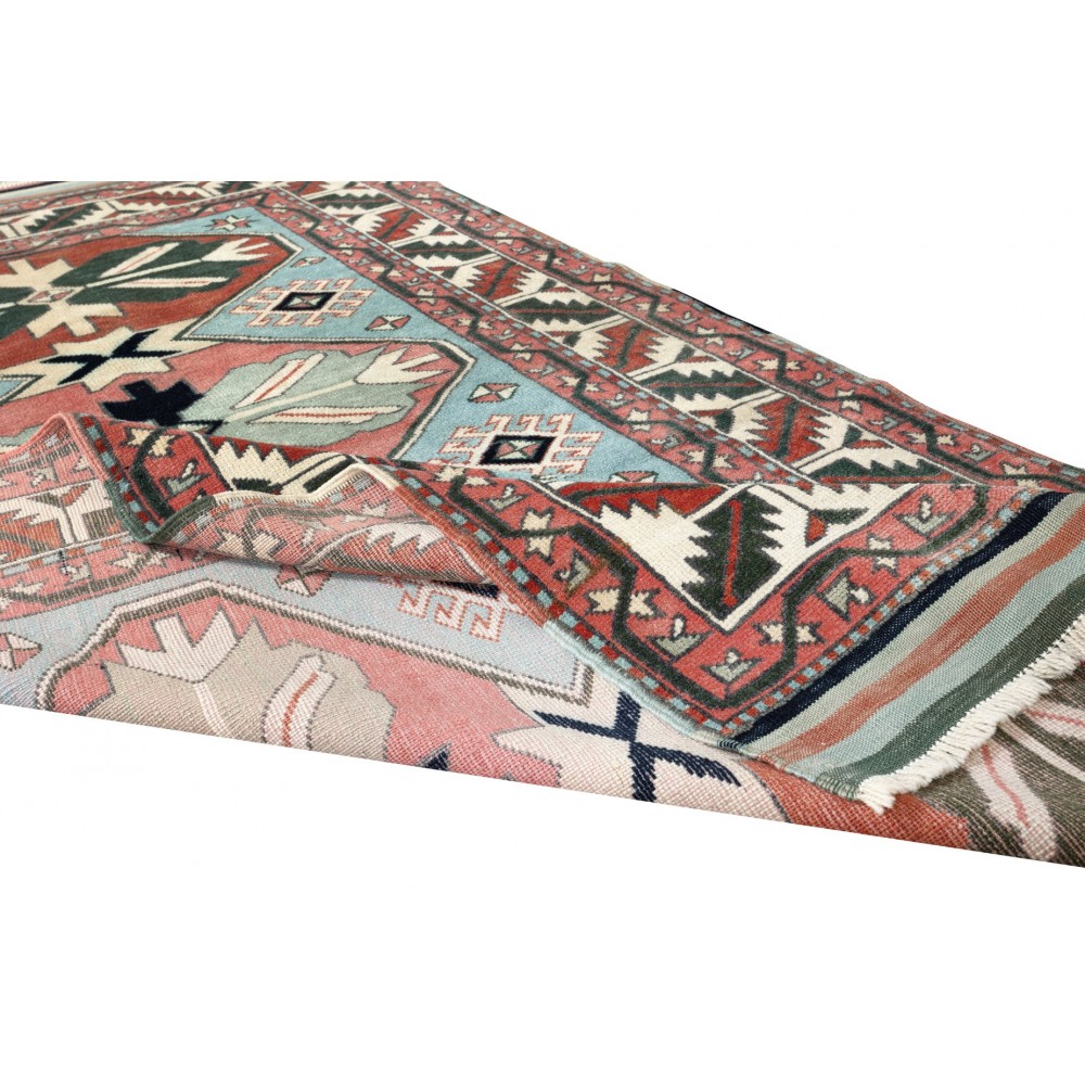 Vintage Handmade Geometric Patterned Turkish Rug, 100% Wool