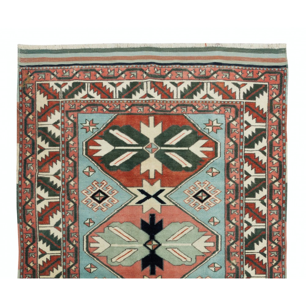 Vintage Handmade Geometric Patterned Turkish Rug, 100% Wool