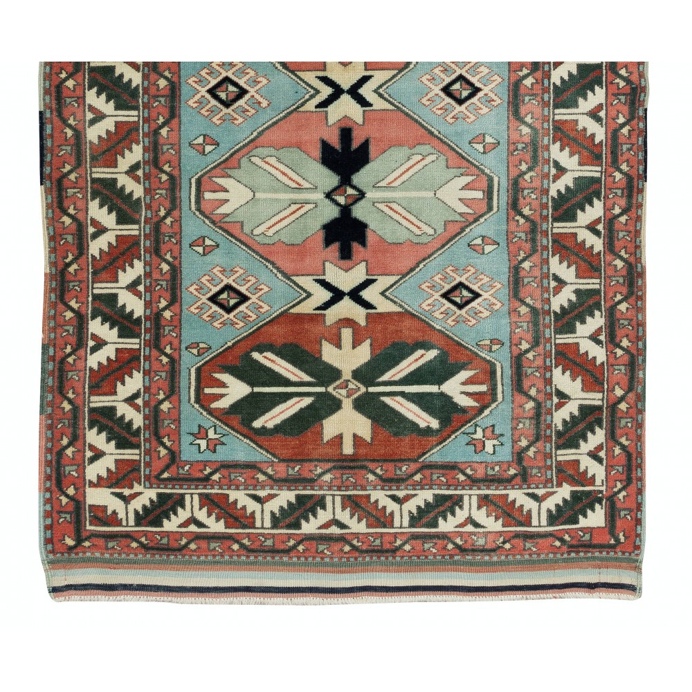 Vintage Handmade Geometric Patterned Turkish Rug, 100% Wool