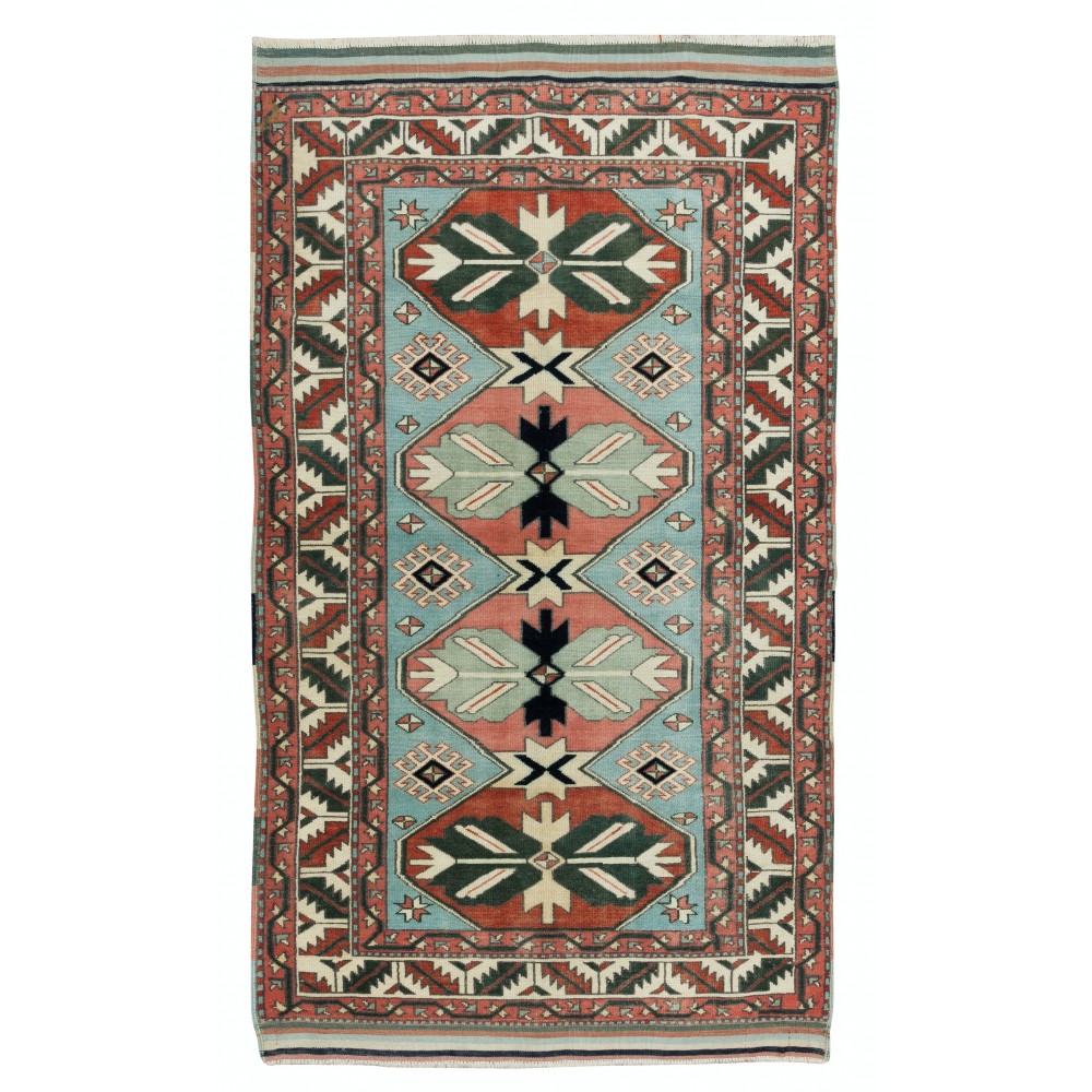 Vintage Handmade Geometric Patterned Turkish Rug, 100% Wool