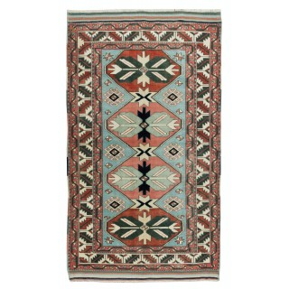 Vintage Handmade Geometric Patterned Turkish Rug, 100% Wool