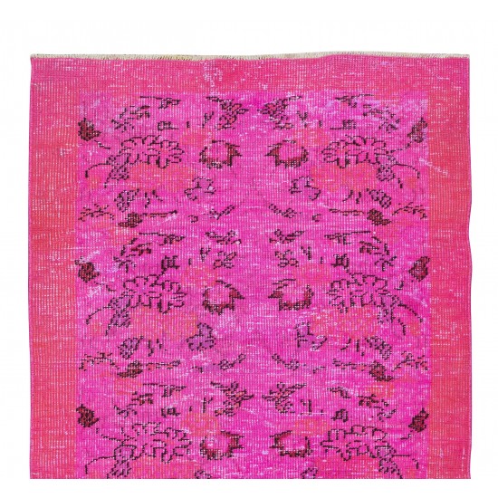 Floral Patterned Accent Rug Over-Dyed in Pink, Authentic Turkish Handmade Small Rug