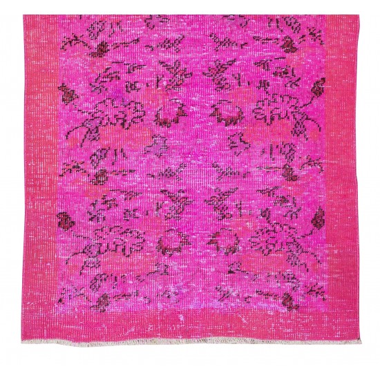 Floral Patterned Accent Rug Over-Dyed in Pink, Authentic Turkish Handmade Small Rug