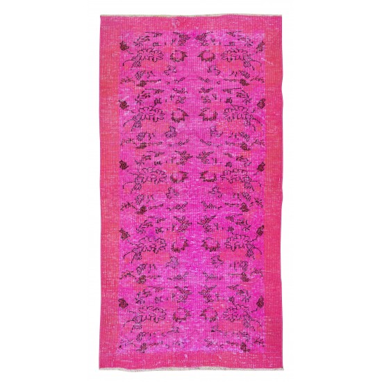 Floral Patterned Accent Rug Over-Dyed in Pink, Authentic Turkish Handmade Small Rug