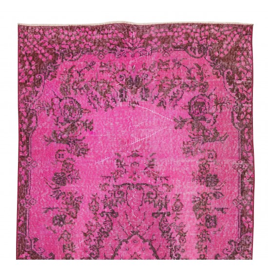 Handmade Turkish Rug Over-Dyed in Pink, Floral Medallion Design Vintage Carpet