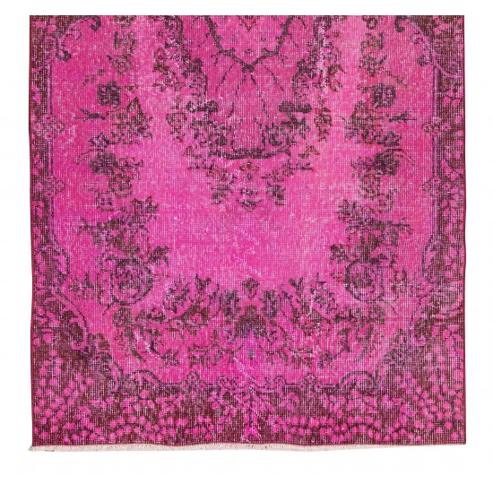 Handmade Turkish Rug Over-Dyed in Pink, Floral Medallion Design Vintage Carpet