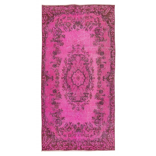 Handmade Turkish Rug Over-Dyed in Pink, Floral Medallion Design Vintage Carpet