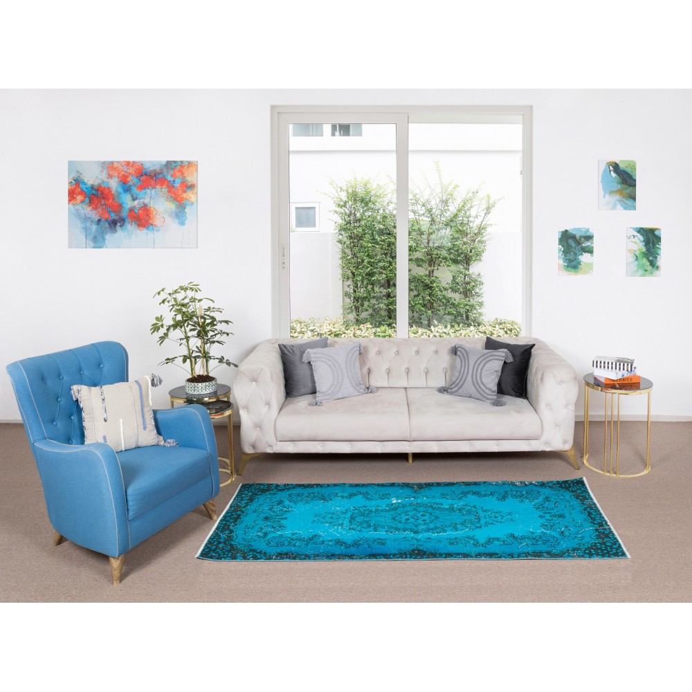 Hand Knotted Vintage Turkish Accent Rug Over-Dyed in Teal, Ideal 4 Modern Interiors