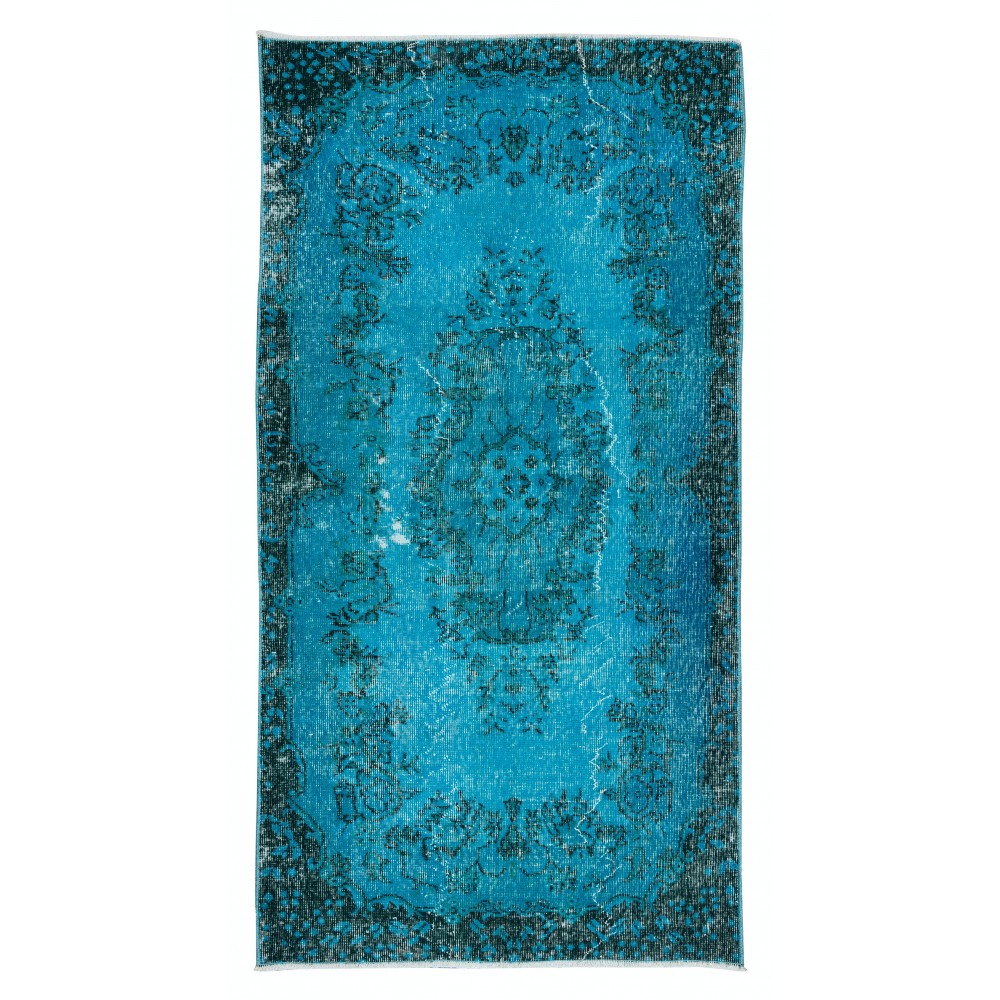 Hand Knotted Vintage Turkish Accent Rug Over-Dyed in Teal, Ideal 4 Modern Interiors