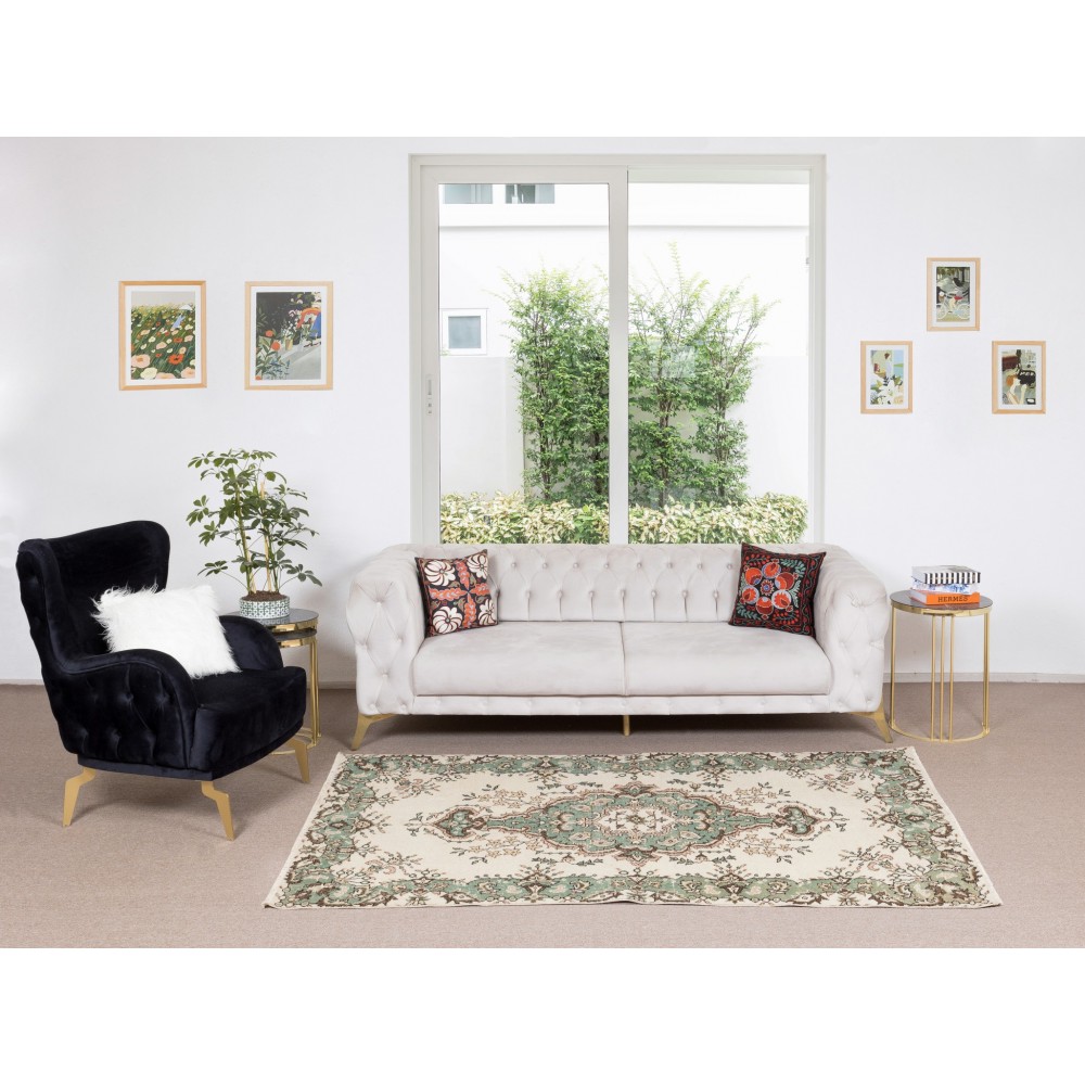 Vintage Handmade Anatolian Wool Accent Rug in Beige & Green Colors, Medallion Design Carpet