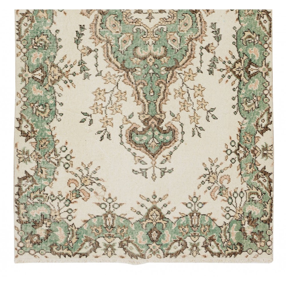 Vintage Handmade Anatolian Wool Accent Rug in Beige & Green Colors, Medallion Design Carpet