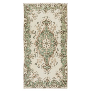 Vintage Handmade Anatolian Wool Accent Rug in Beige & Green Colors, Medallion Design Carpet