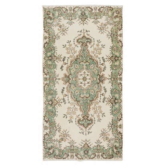 Vintage Handmade Anatolian Wool Accent Rug in Beige & Green Colors, Medallion Design Carpet
