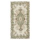 Vintage Handmade Anatolian Wool Accent Rug in Beige & Green Colors, Medallion Design Carpet