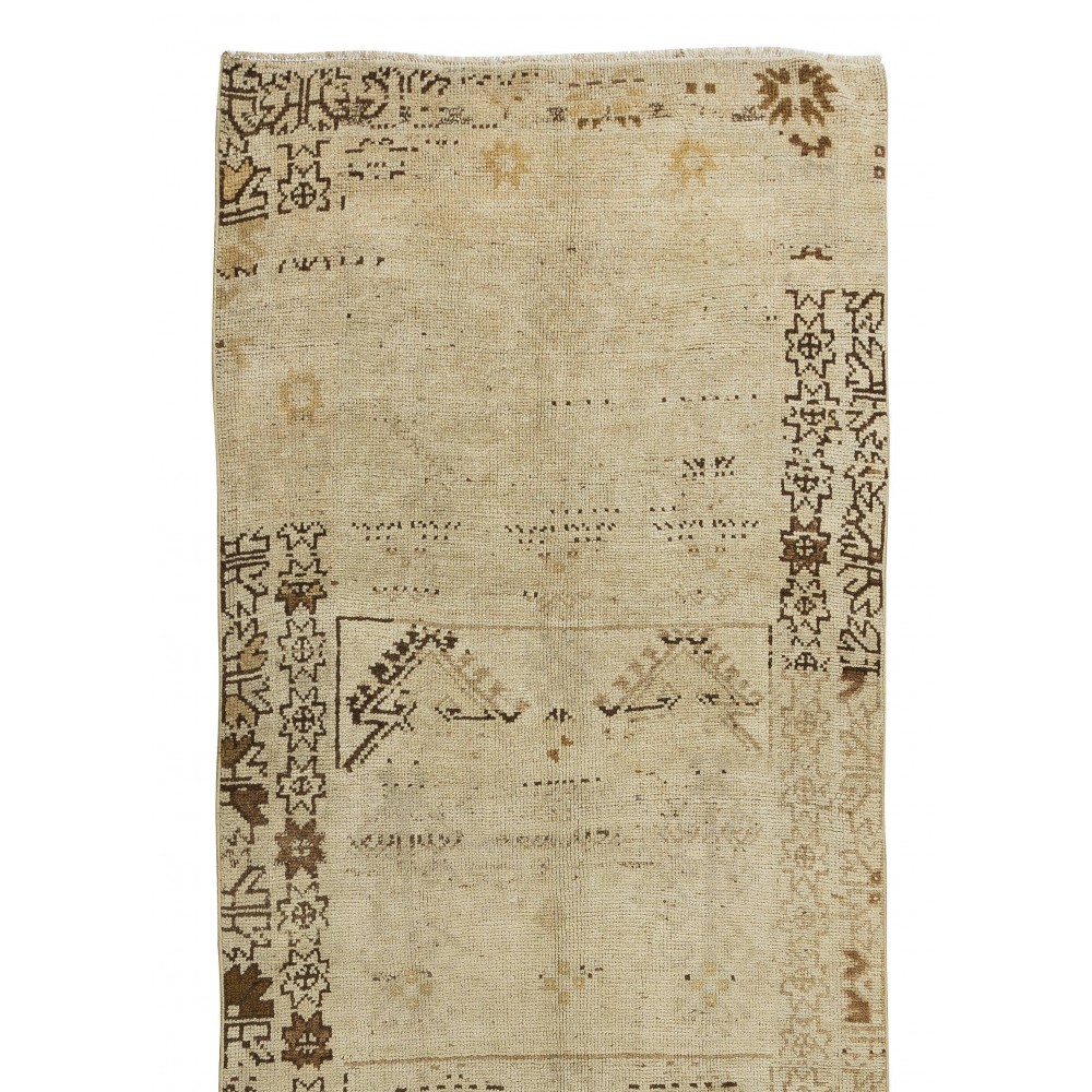 Hand Knotted Vintage Turkish Runner Rug in Neutral Colors for Hallway Decor