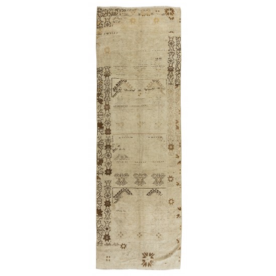 Antique Washed Runner Rug for Hallway Decor, Hand Knotted Vintage Turkish Corridor Carpet in Neutral Colors